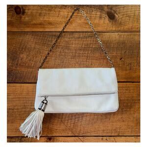 Michael Kors White Pebbled Leather Fold Over Clutch Shoulder Bag Tassel